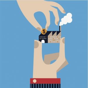 Graphic of hands holding a factory building